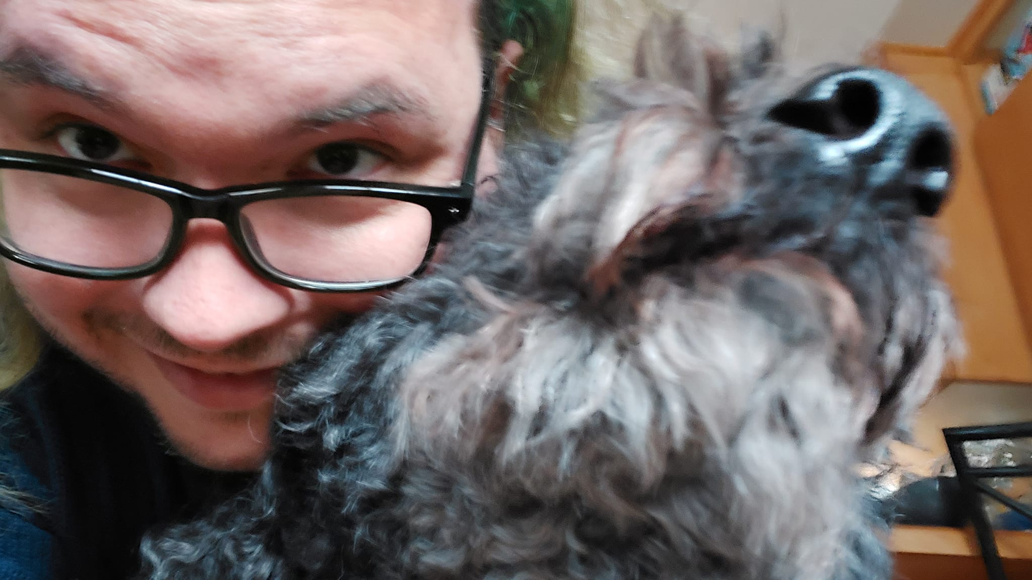 A man with long green hair hugs a black standard poodle, only their heads are visible, his facing down, her's facing up